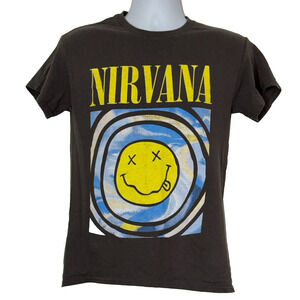Nirvana Men T-Shirt XS Black Graphic Smiley Smile Face Crew Neck Band Shirt Tee